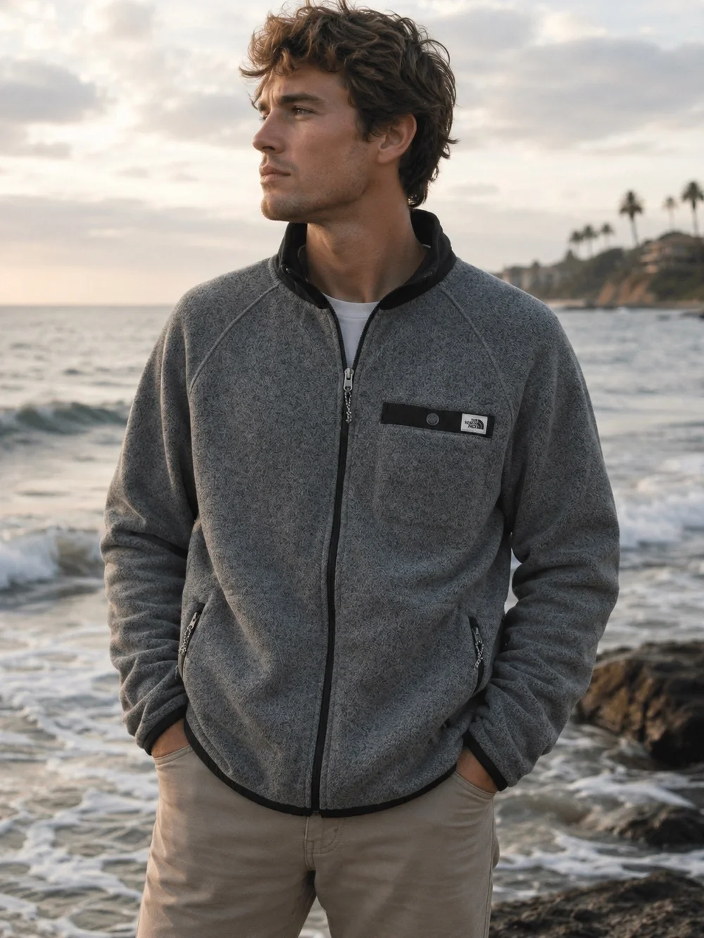 The North Face L men’s zip front fleece jacket grey w/ charcoal great pre owned
